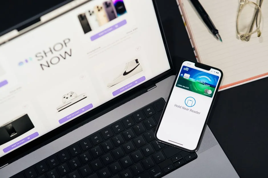 A smartphone placed in a tiny shopping cart on a laptop represents online purchases and cashless payment.